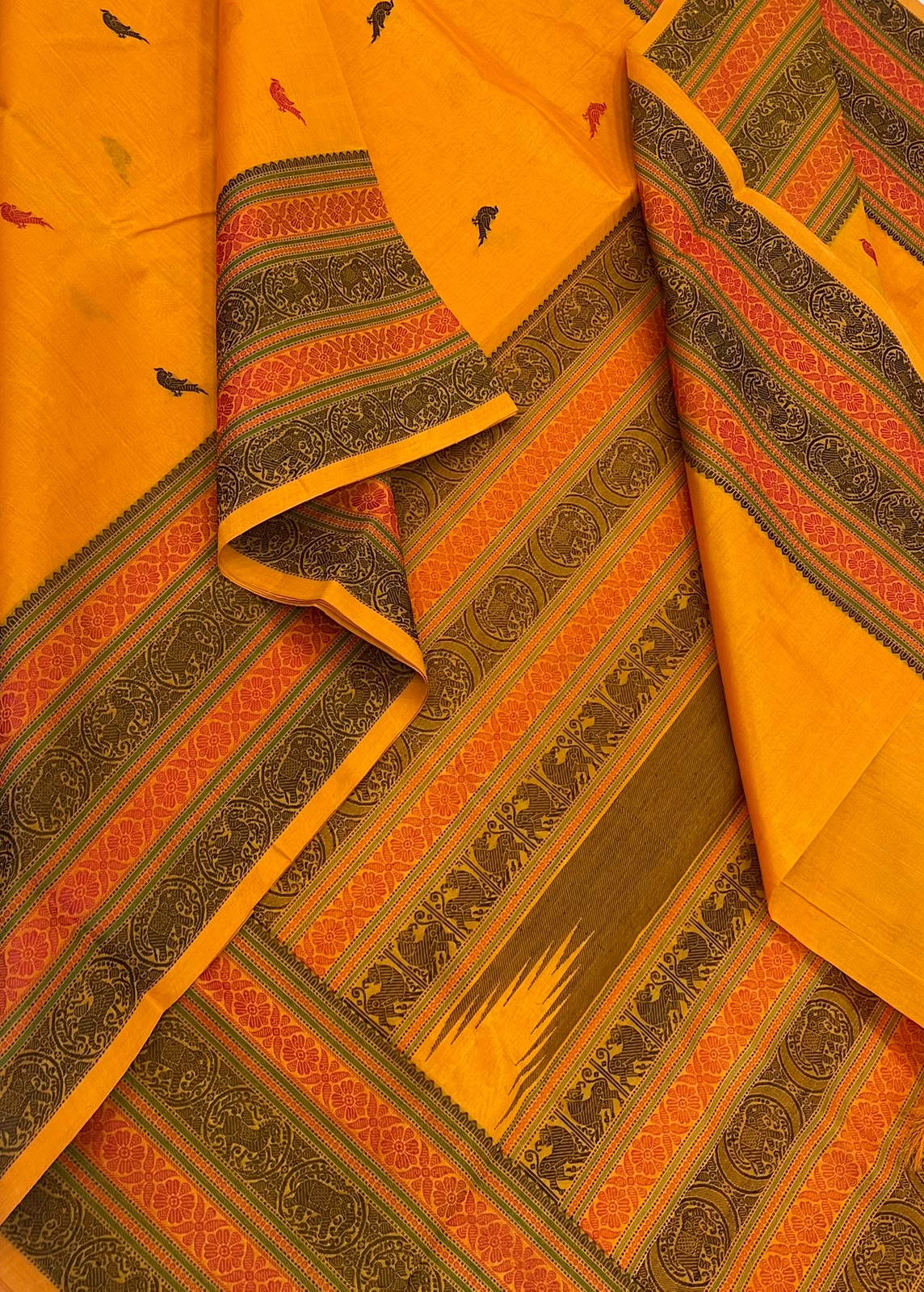 Kanchi Silk Cotton Sarees | luxury silk cotton | killi motif x thread border | manjal x Orange
