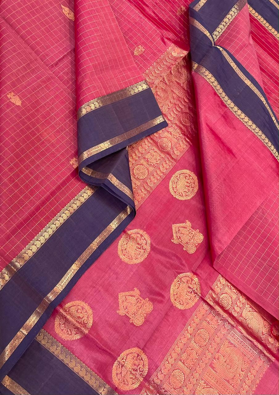Kanchi Silk Cotton Sarees | rettaipet zari woven border x kattam | pastel pink 🩷 X violet