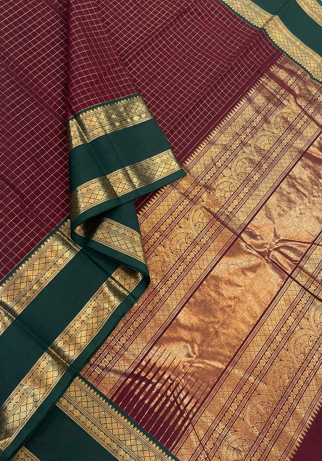 Pure Handloom Kanchi rich Cotton Saree | rettaipet zari border X kattam | marron X green | intricate rich zari woven seepu rekk Pallu