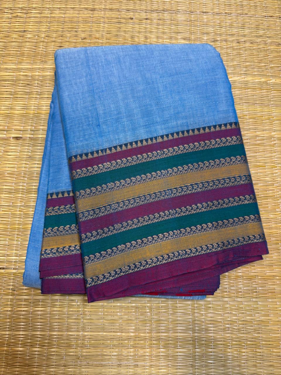 Narayanpet soft cottons |thread border | pastel blue x multi border