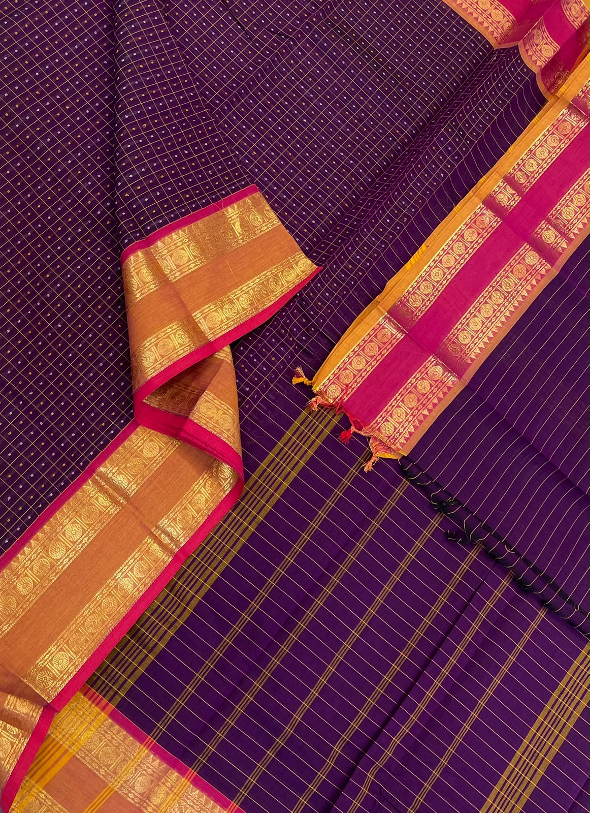 Kanchi mercerised soft cotton | violet x ganga jamuna | zari rettaipet border x 1000 butta