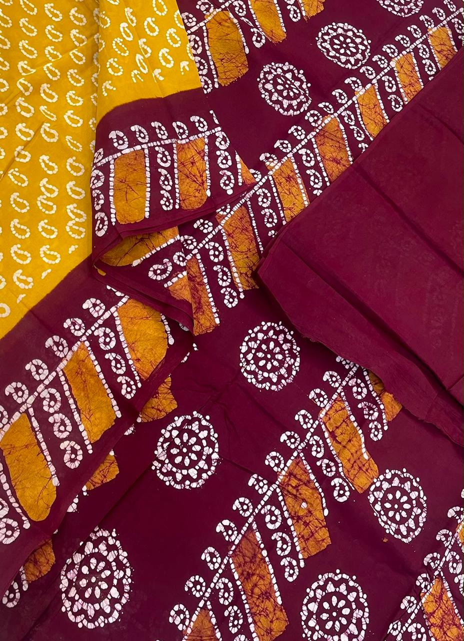 Madurai Sungudi soft cotton | yellow x marron | tiny Zari border