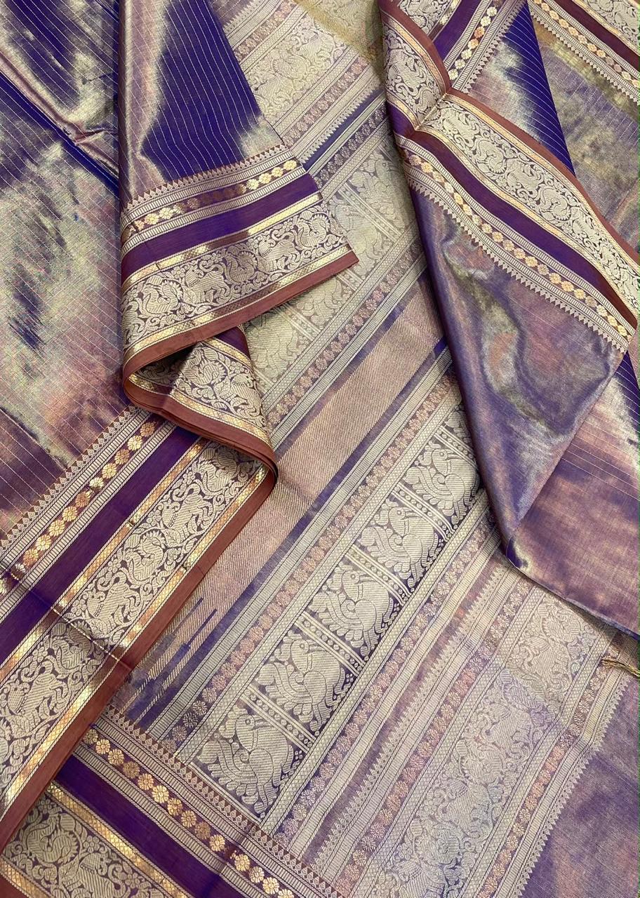 Kanchi tissue Silk Cotton Sarees | rettaipet zari thread woven border x tissue body | lavender 🪻 X gold