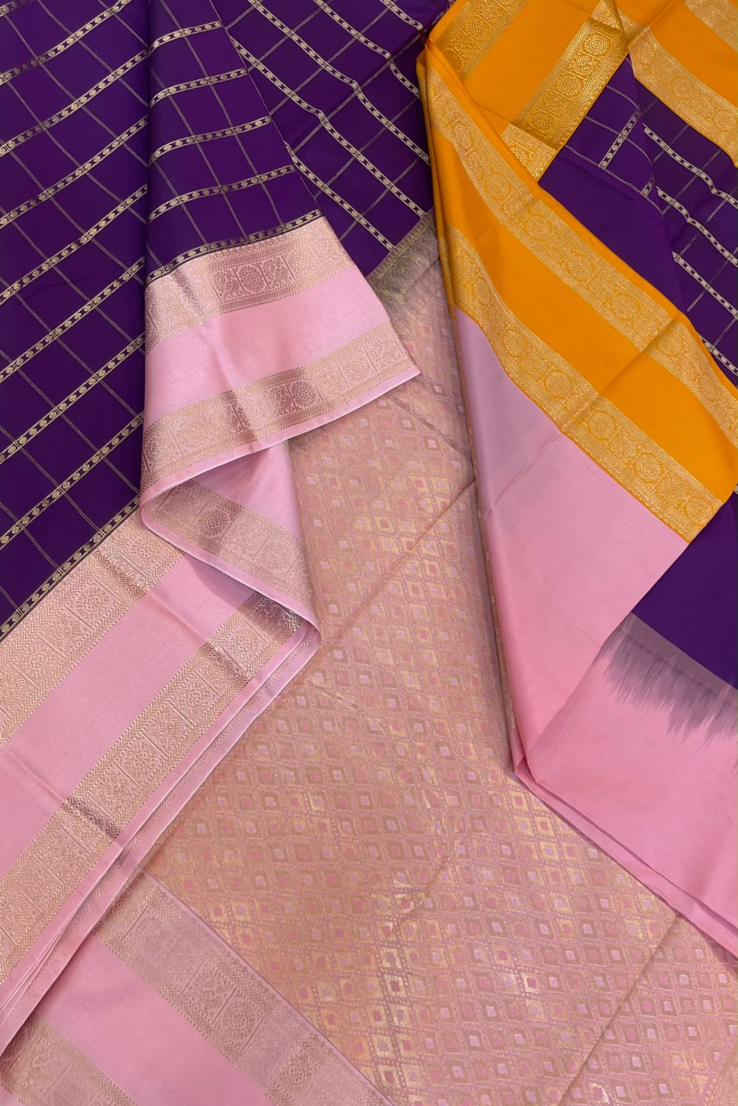 Vegan Silk Sarees Online | violet x pink x manjal| zari kattam butta x ganga jamuna