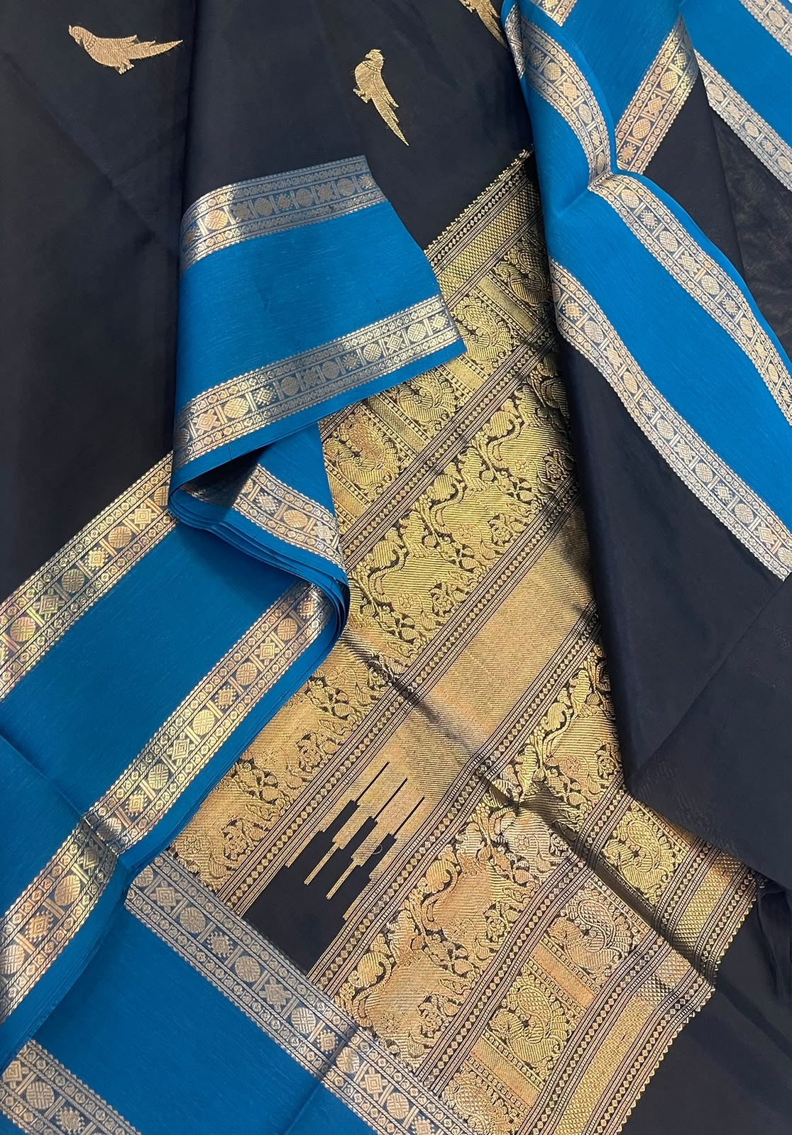 Kanchi Silk Cotton Sarees | luxury silk cotton | killi motif x rettaipet border | black x blue