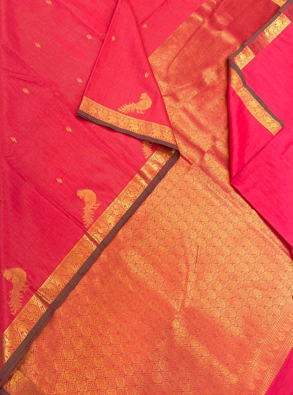 Semi Silk soft Cotton Sarees | vairaoosi X parrot x tiny zari border | orangish pink X green X gold | NKV11