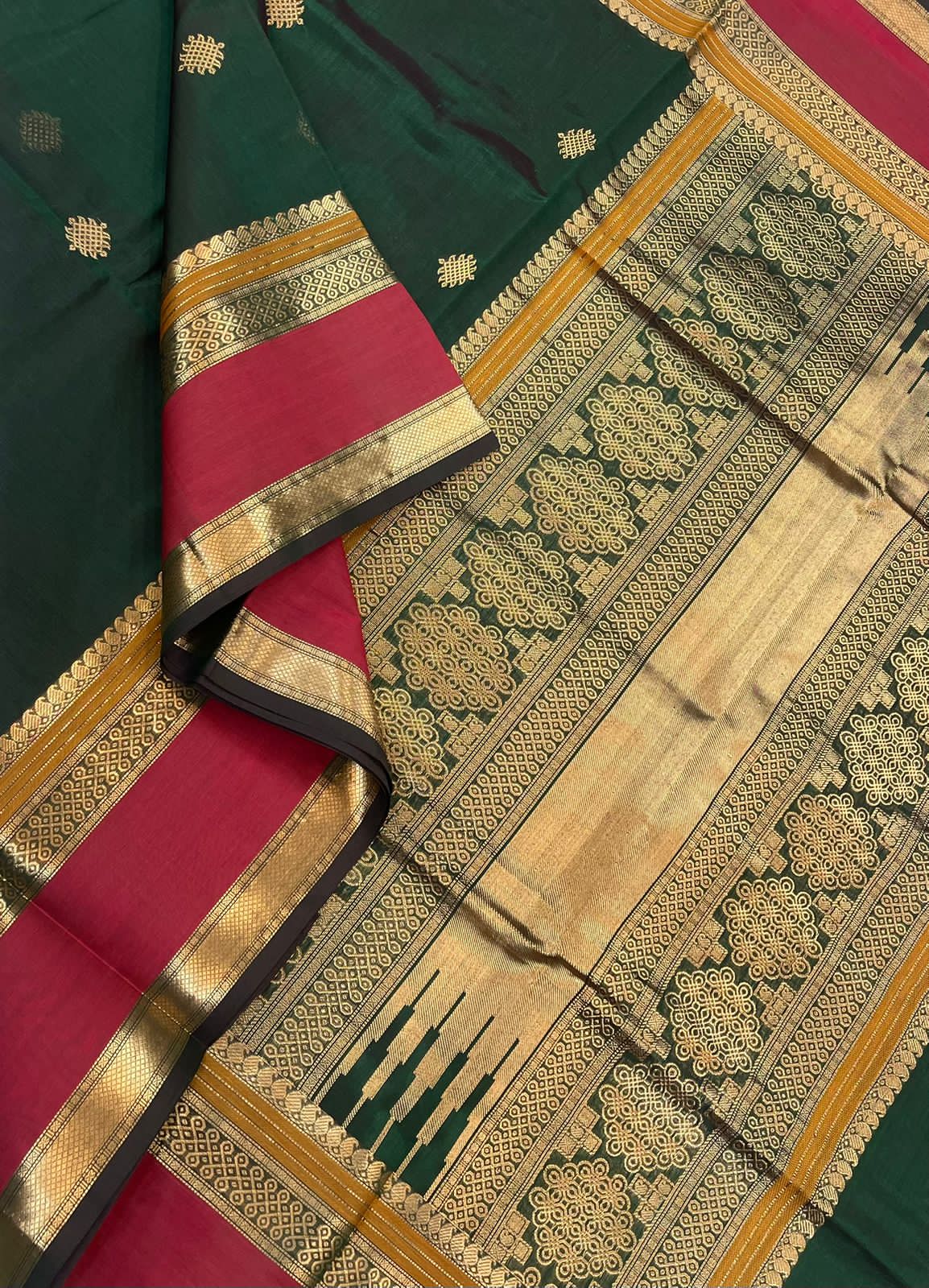 Kanchi Silk Cotton Sarees | kolam butta X rettaipet border | bottle green x cherry red