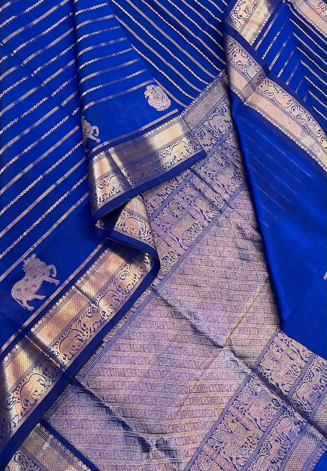 Kanchi Silk Cotton Sarees | luxury silk cotton | veldhari X Mayil x pichwai cow| royal blue NKV37