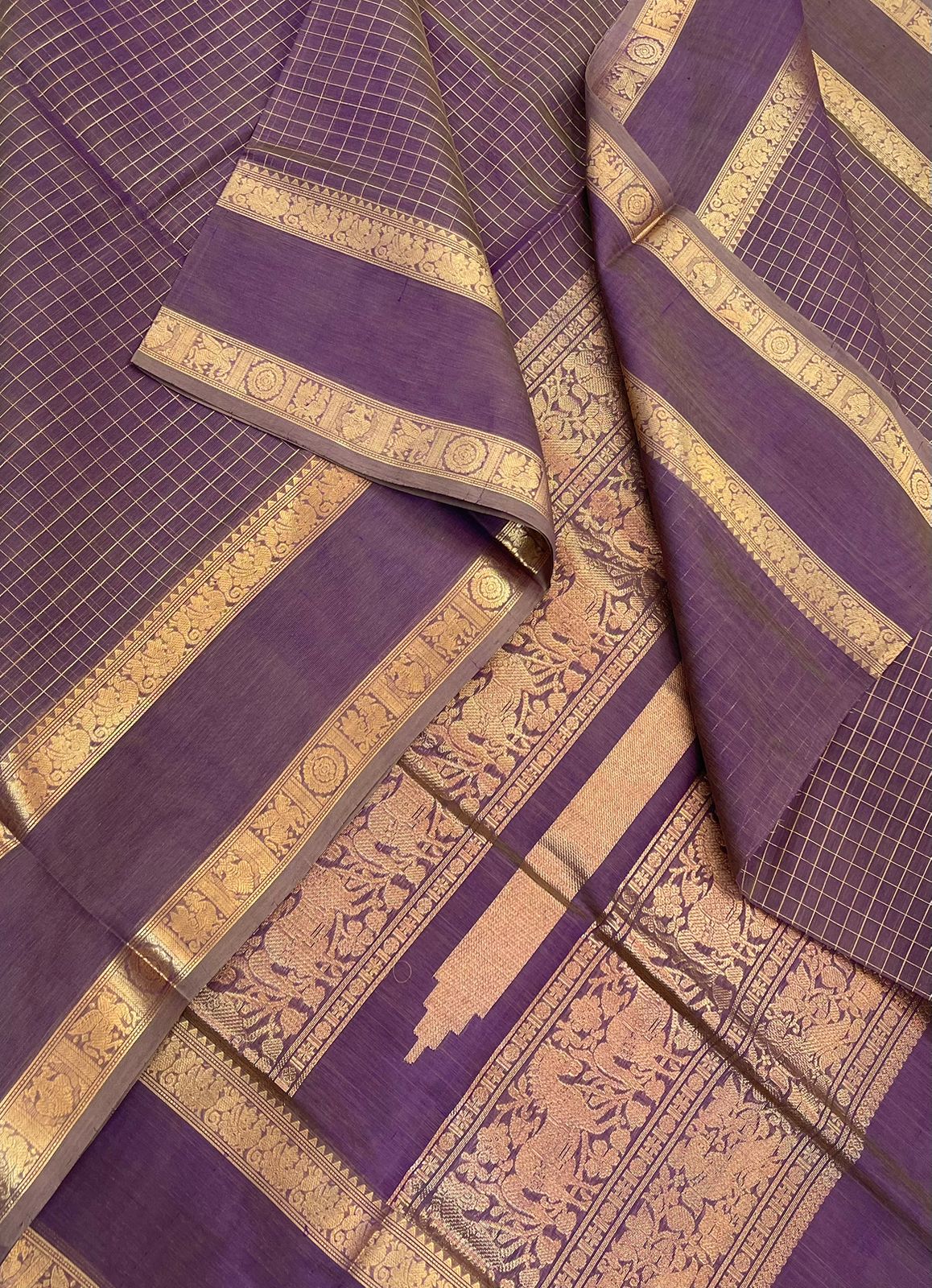 Kanchi Silk Cotton Sarees | luxury silk cotton | zari kattam x rettaipet border | two tone lavender x light green x gold | NKV37