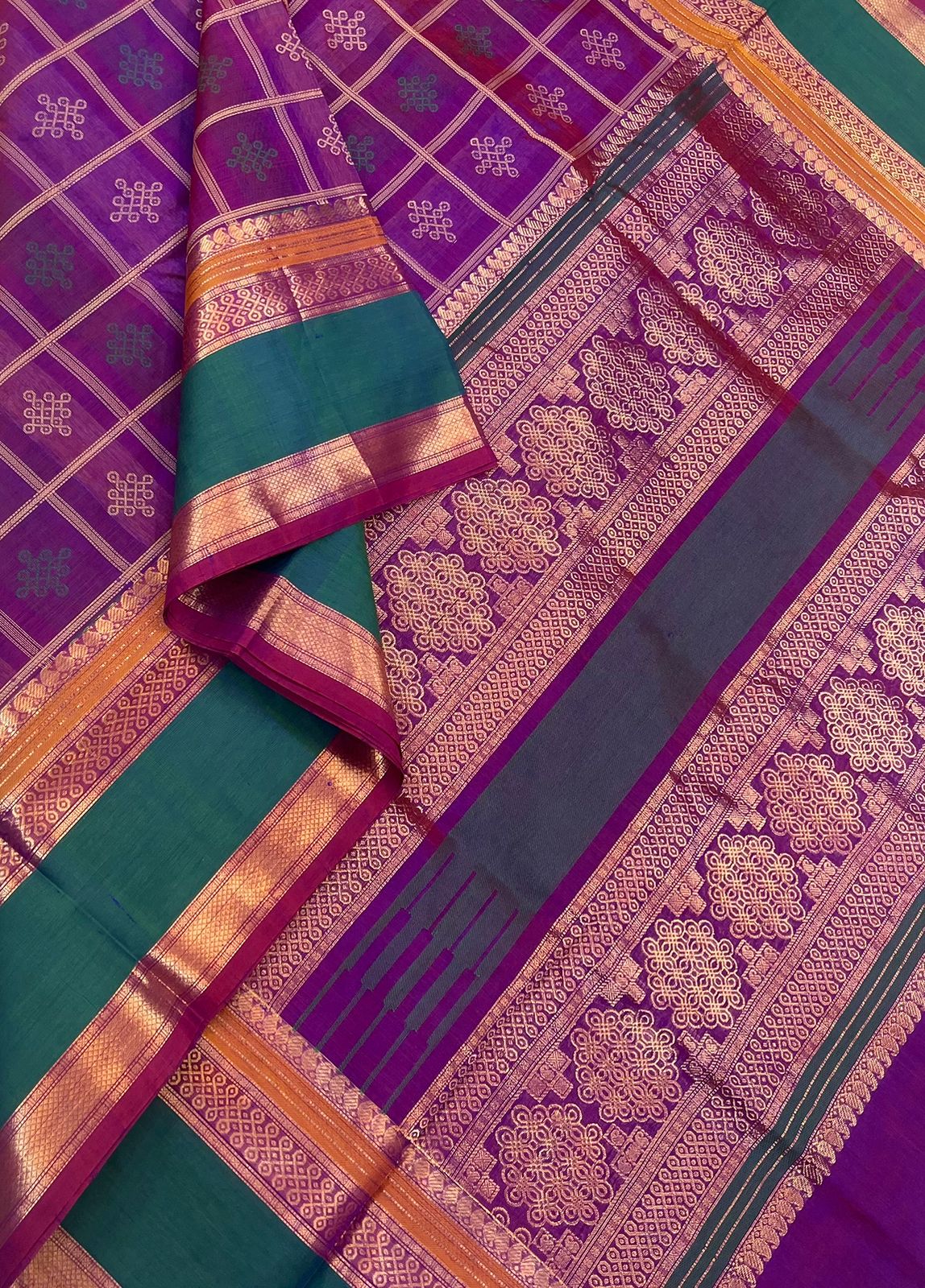 Kanchi Silk Cotton Sarees | kolam X 1000 butta | vadamali peacock green X gold
