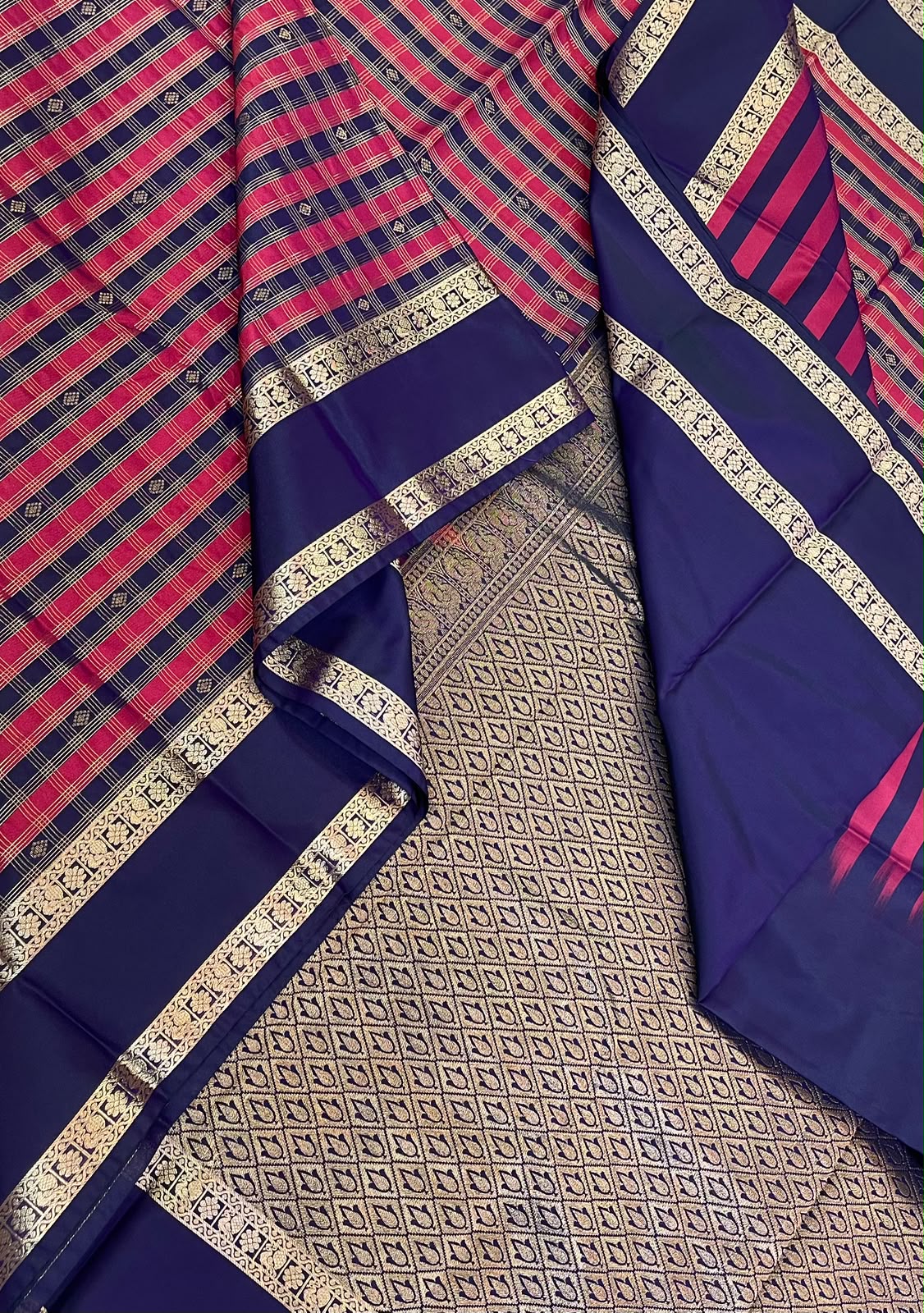 Vegan Silk Sarees Online | pink x blue | multi check x rettaipet border
