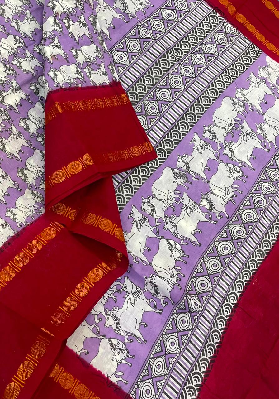 Madurai Sungudi soft cotton | lavendar x red |pichwai x rettaipet Zari border