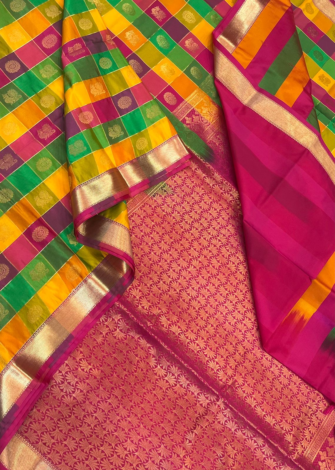 Vegan Silk Sarees Online | Palum Pazhamum kattam X gold | pink X manjal X green
