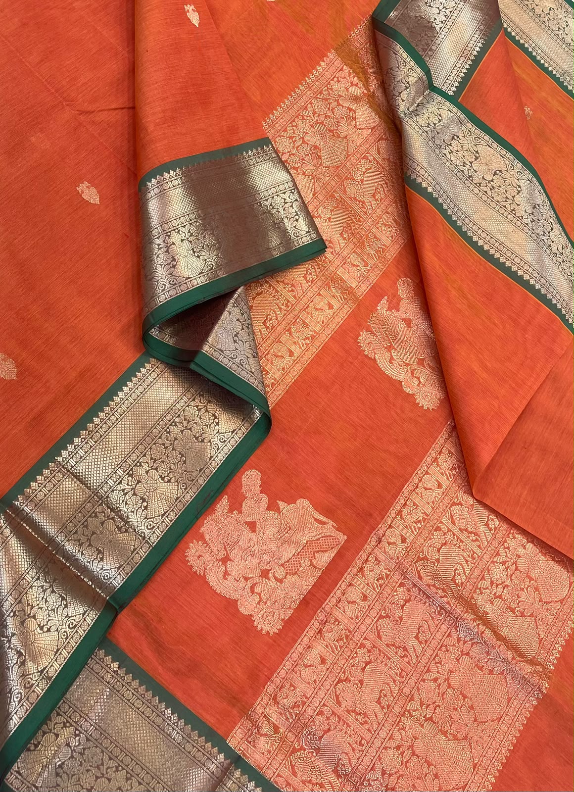 Kanchi Silk Cotton Sarees | VeeraShivaji motifs pallu x rich eruthalapakshi border| orange X green