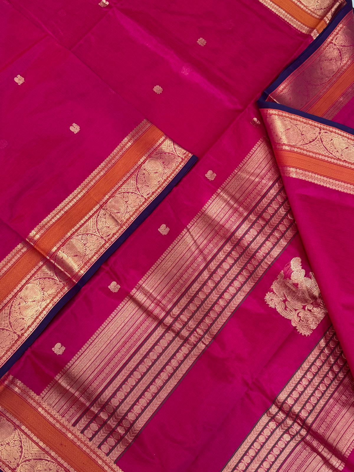 Kanchi Silk Cotton Sarees | zari half circle border x veera shivaji pallu | rani pink X blue