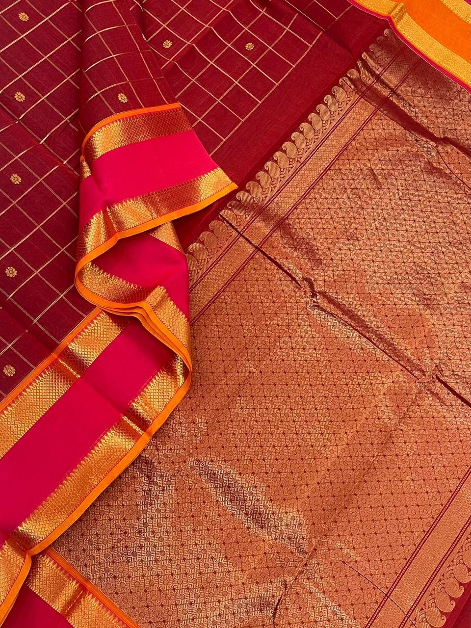 Kanchi mercerised soft cotton | brick orange x ganga jamuna | Zari rettaipet border x zari kattam butta