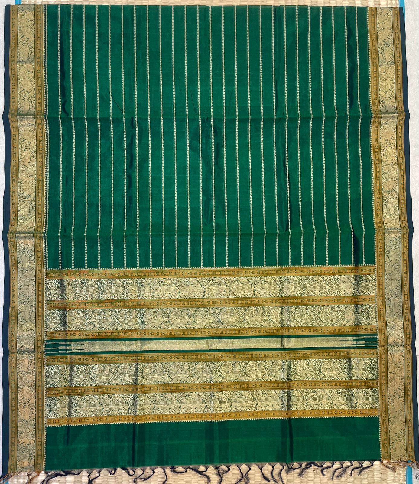 Kanchi Silk Cotton Sarees | neli zari veldhari X rich pallu | green x gold