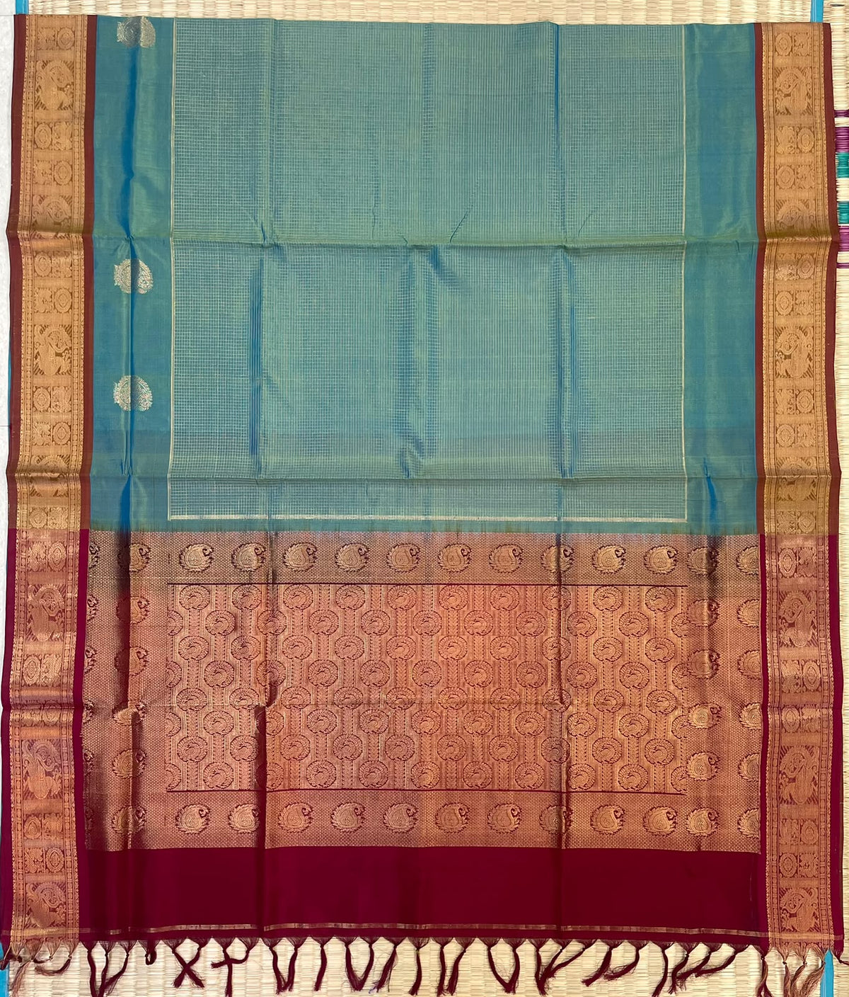 Kanchi Silk Cotton Sarees | luxury silk cotton | muthukattam x mango motif | teal blue x marron | NKV37