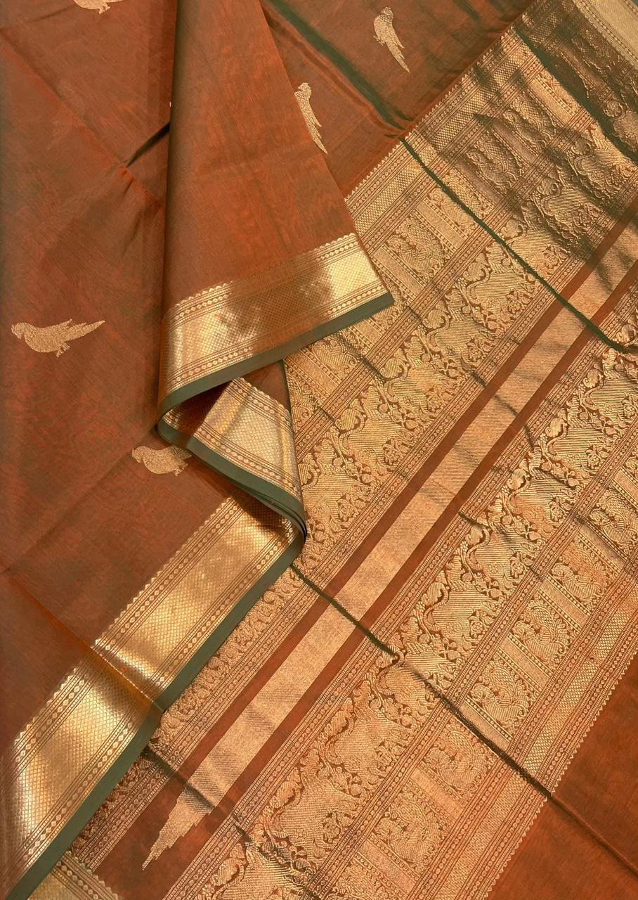 Kanchi Silk Cotton Sarees | killi motifs | rust orange X green x gold