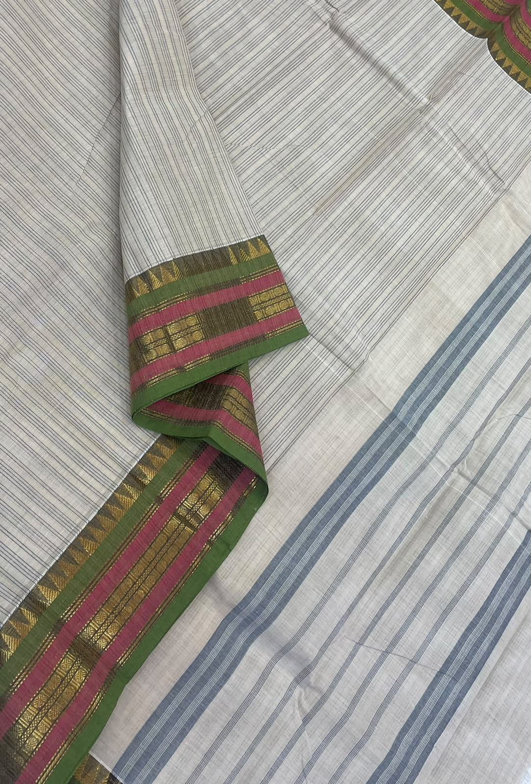 Kanchi soft cotton | cream x green x pink | zari border