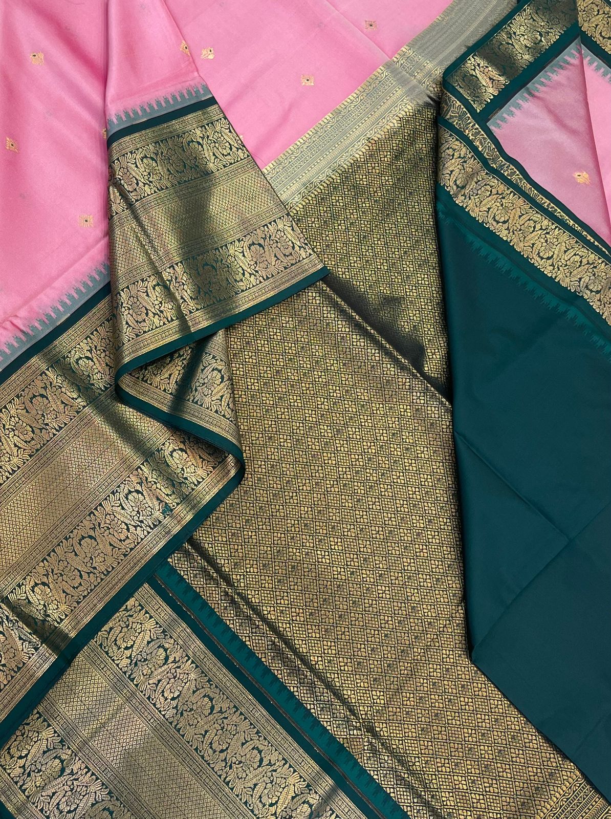 Vegan Silk Sarees Online | meena motif X rich zari border | pastel pink x green