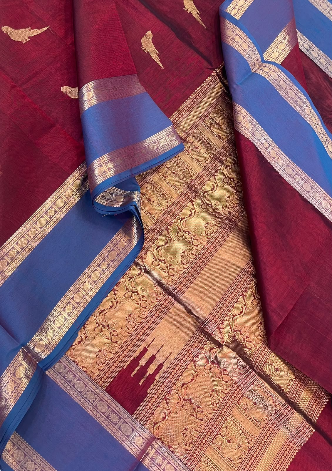 Kanchi Silk Cotton Sarees | luxury silk cotton | killi motif x rettaipet border | marron x blue