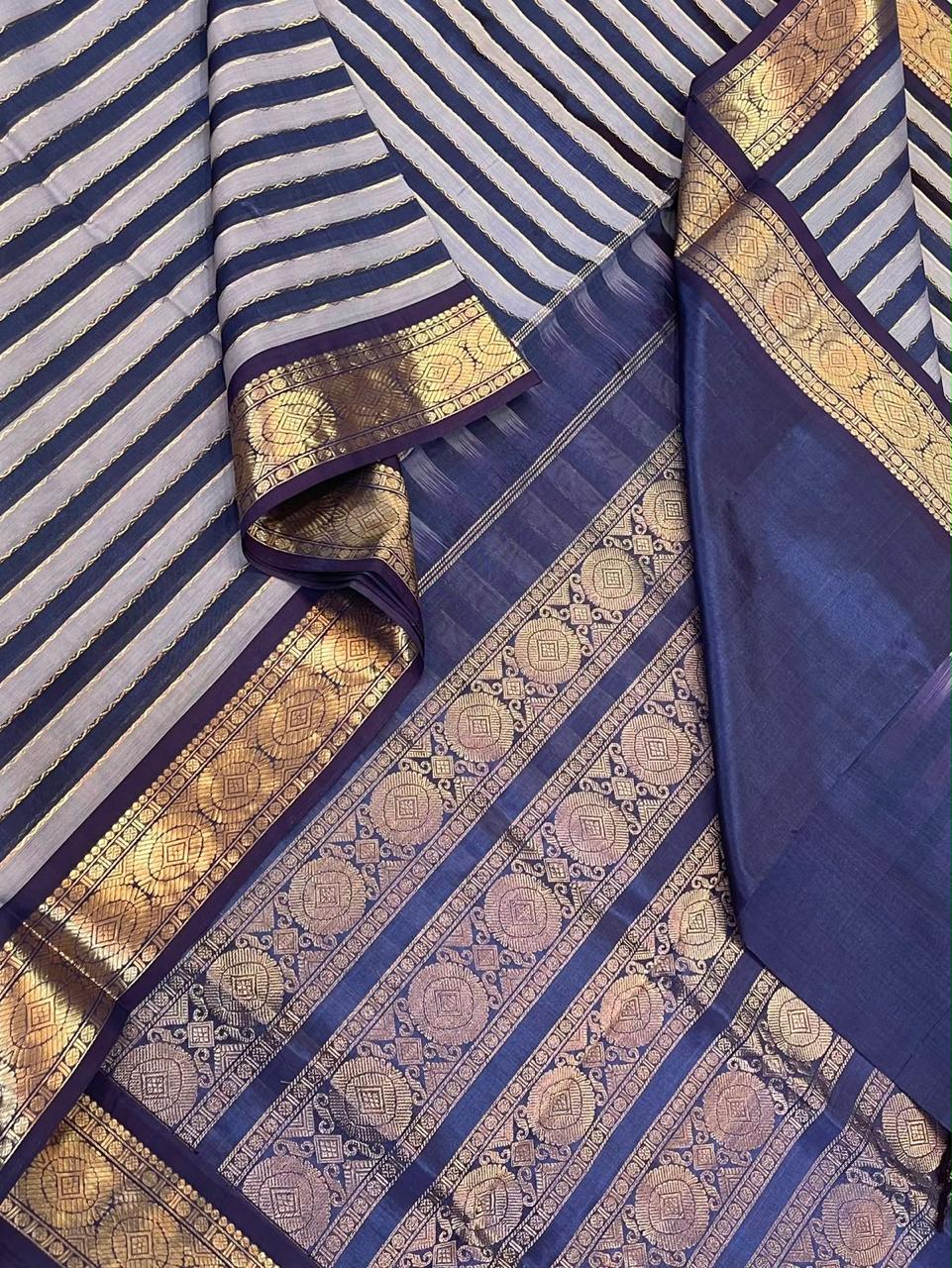 Kanchi Silk Cotton Sarees | rich zari border x Neil veldhari | elegant blue x beige