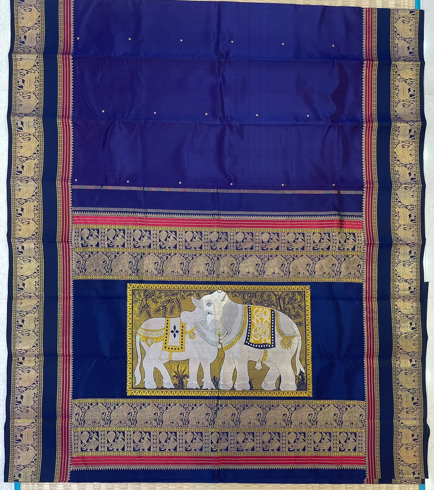 Kanchipuram Silk Sarees | zari border | Rishaba kunjaram| royal blue X red | Handwoven luxury x 4 ply master weave | NKV35