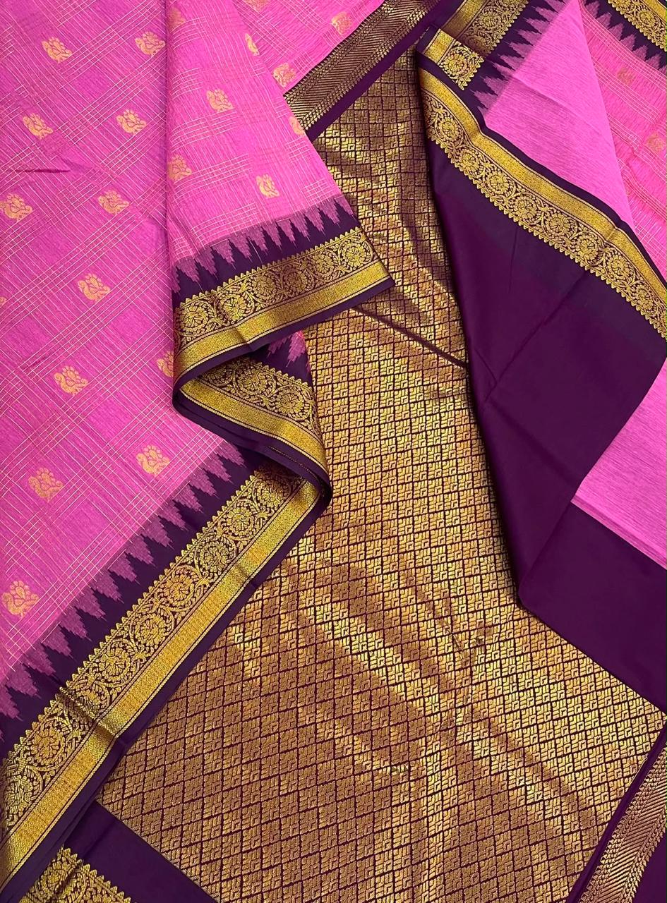 Semi Silk soft Cotton Sarees | korvai temple border X 2x2 kattam | rose pink 🩷 x dark violet NKV11