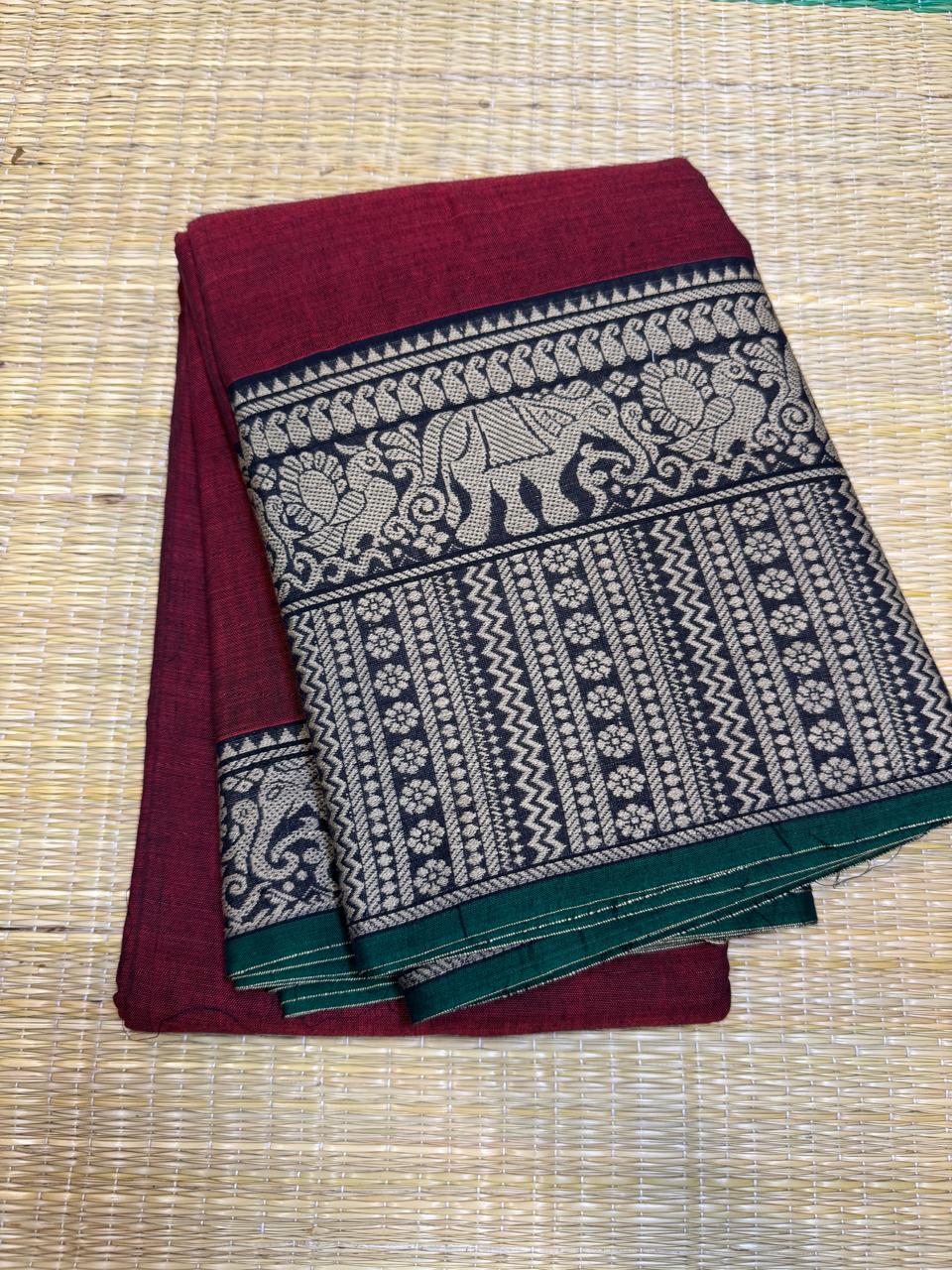 Narayanpet soft cottons |thread border | marron x green