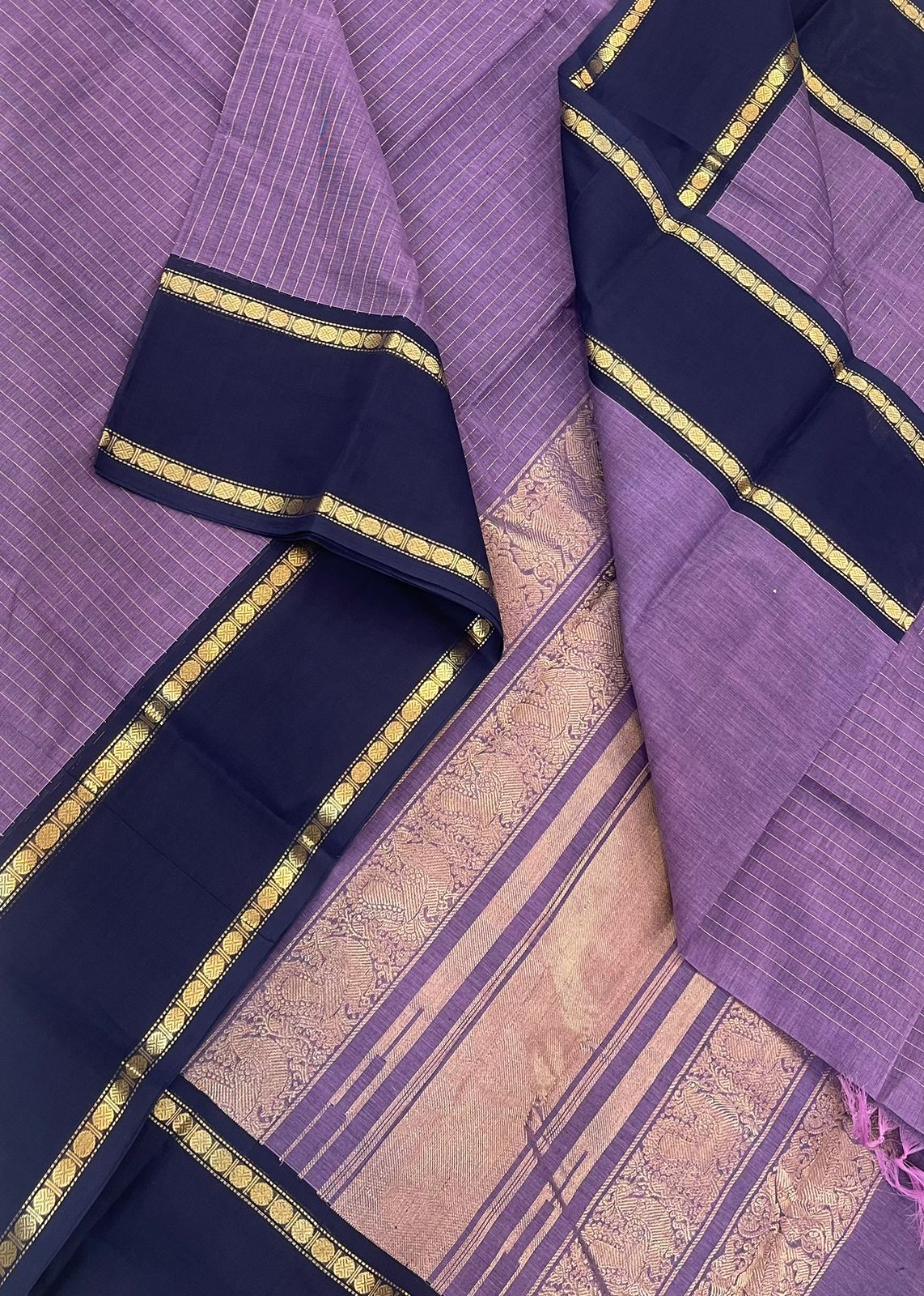 Pure Handloom Kanchi rich Cotton Saree | lavender X navy blue | zari rettaipet border BUTTA x oosivanam