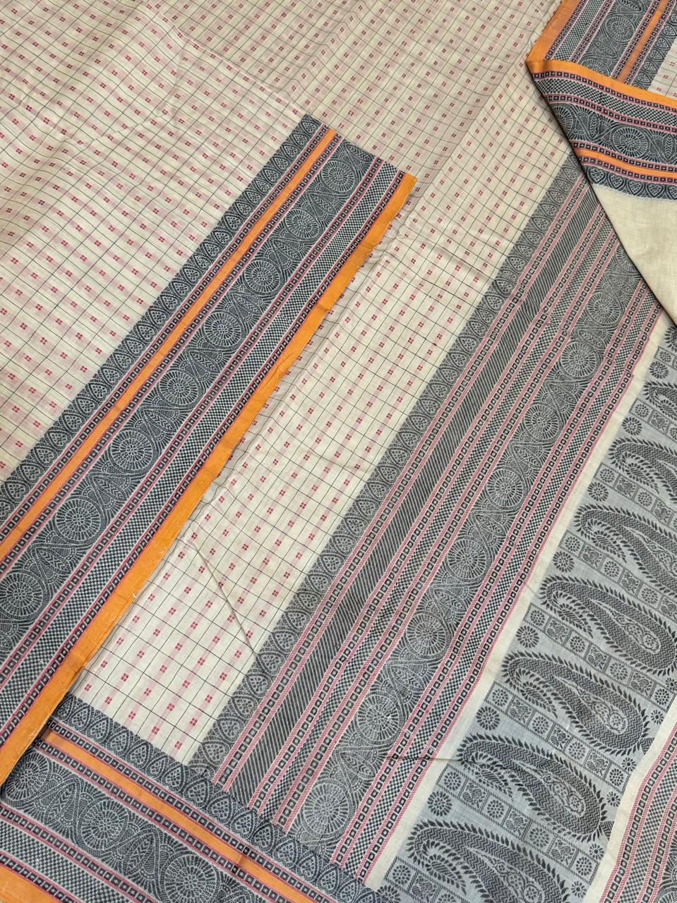 Pure Handloom Kanchi rich Cotton Saree | rich thread border x 1000 butta | cream x mustard
