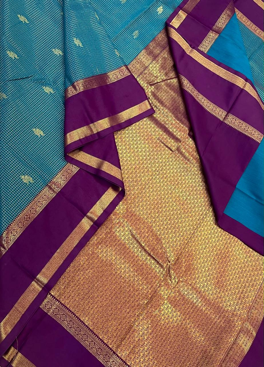 Semi Silk soft Cotton Sarees | korvai Rettaipet border X muthu kattam | cyan blue x dark violet NKV11