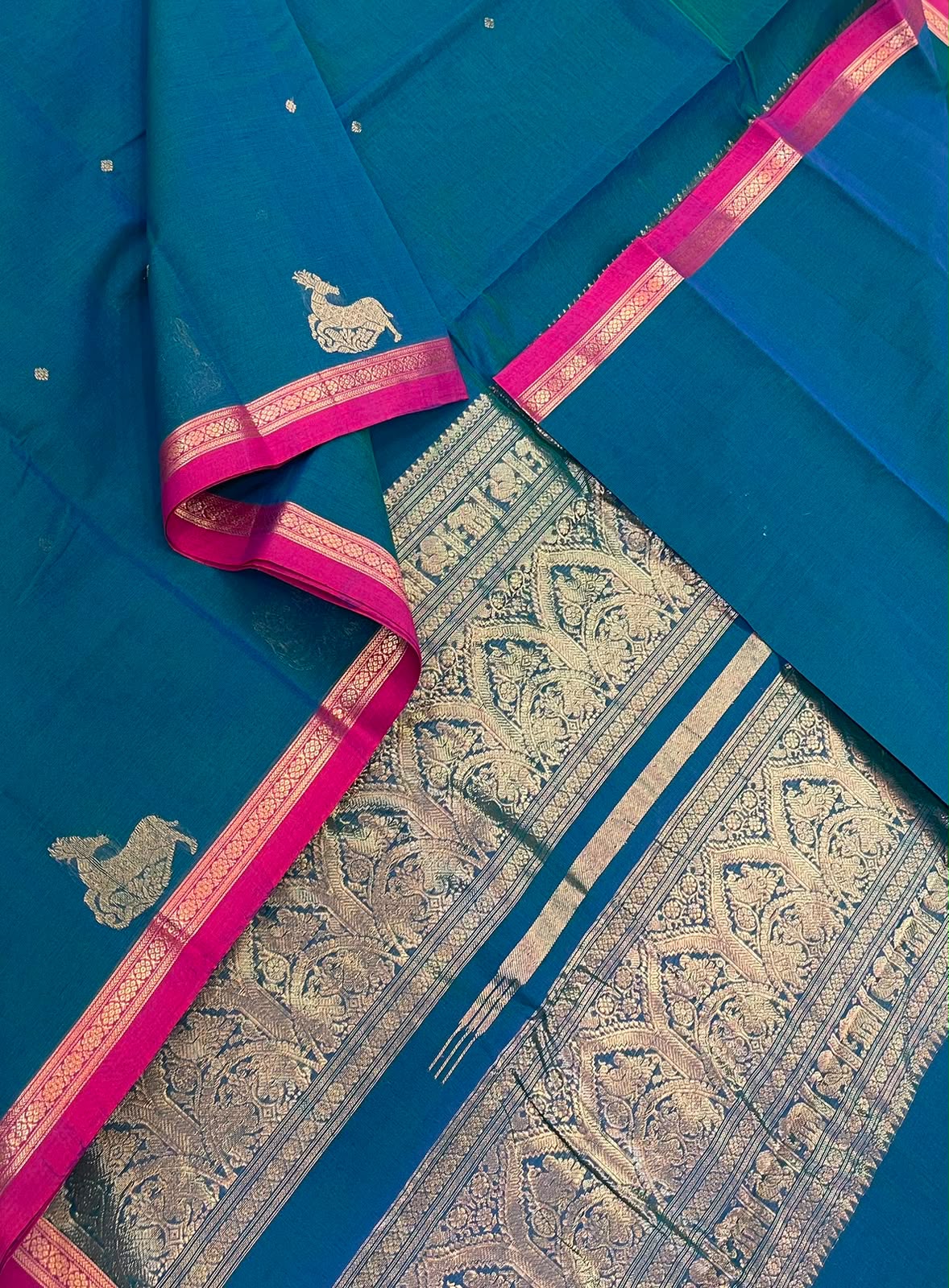Pure Handloom Kanchi rich Cotton Saree | peacock blue X pink | tiny border X rich handwoven zari pallu