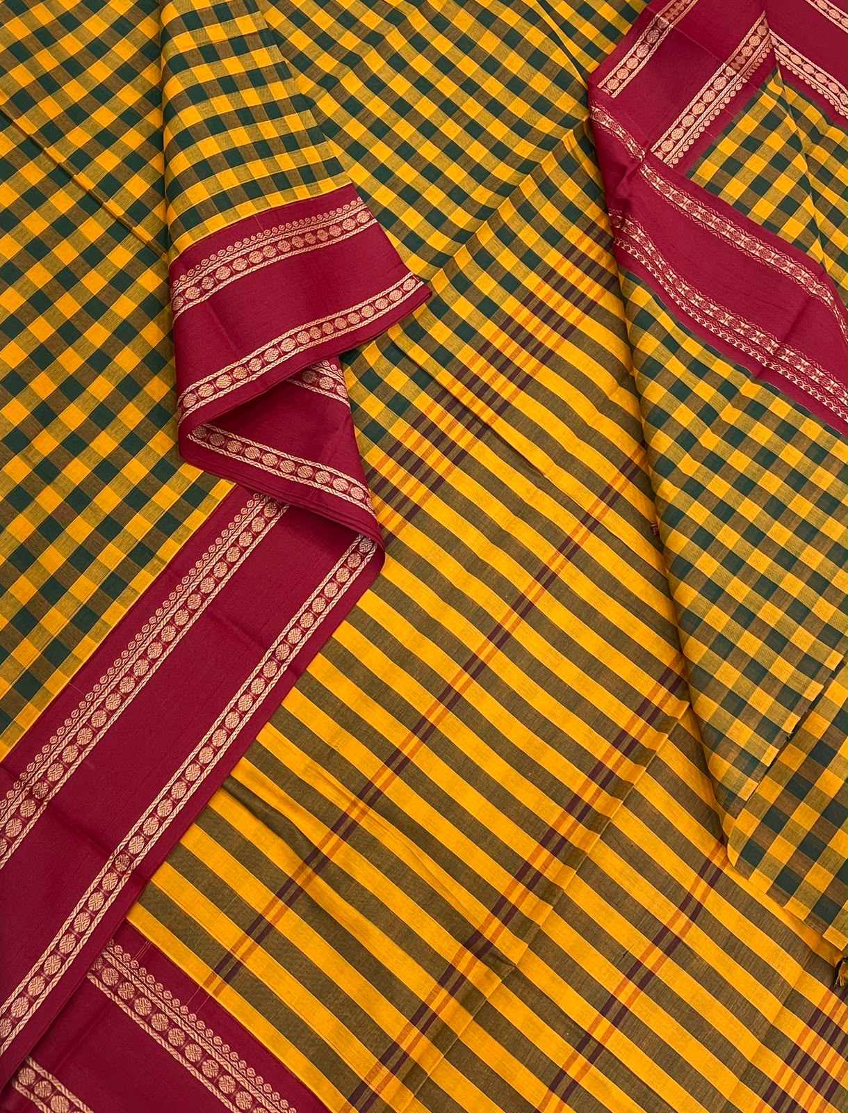 Pure Handloom Kanchi rich Cotton Saree | kattam X green x manjal X red | thread Korvai rettaipet border