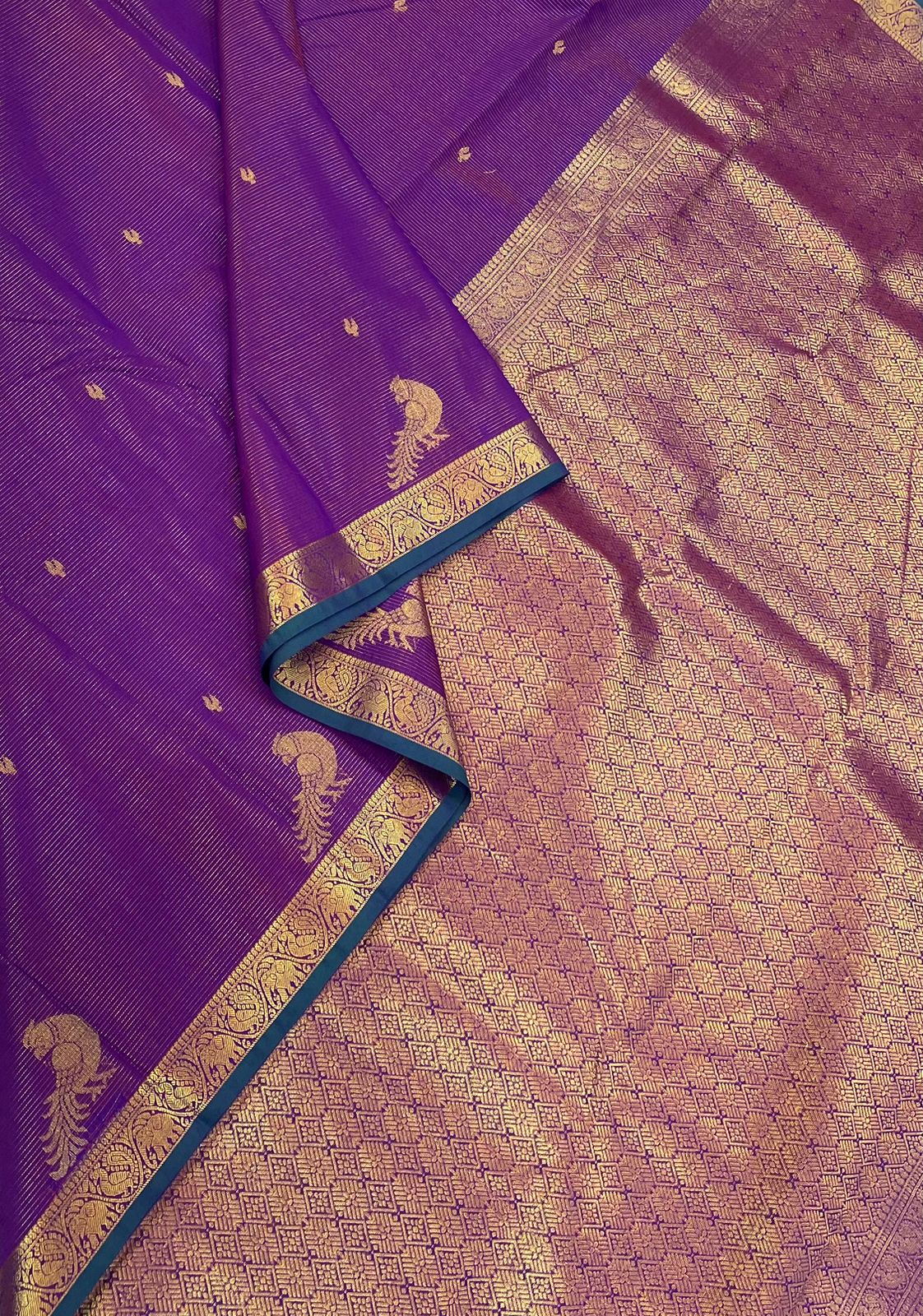 Semi Silk soft Cotton Sarees | vairaoosi X parrot x tiny zari border | electric violet X gold | NKV11