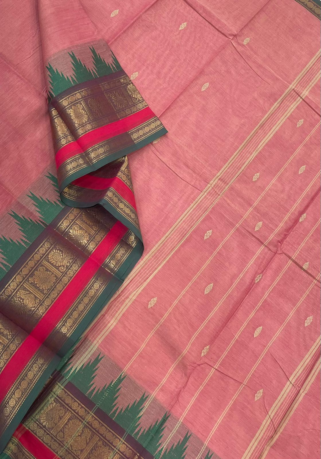 Kanchi soft cotton |zari temple border X pastel pink x green