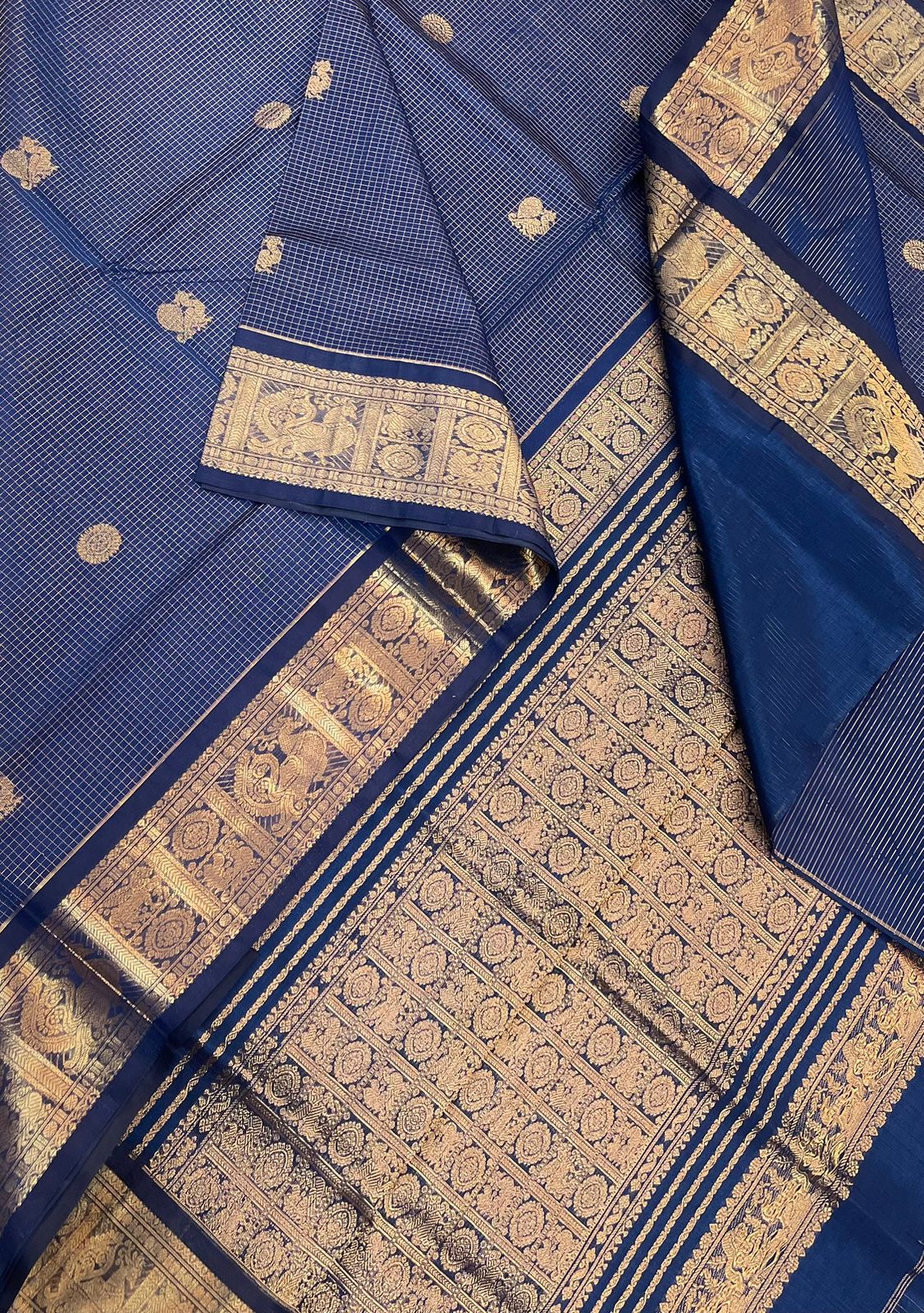 Kanchi Silk Cotton Sarees | luxury silk cotton | muthukattam X mayil chakram | blue X gold NKV37