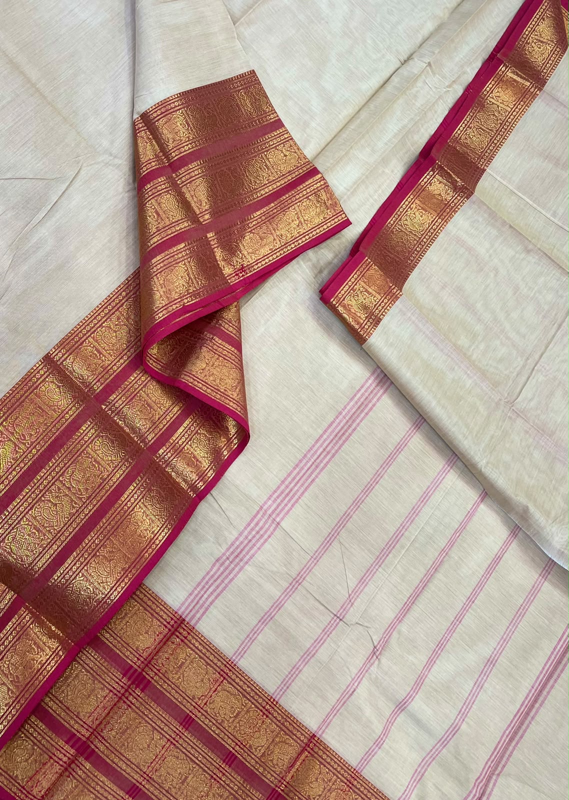 Kanchi soft cotton | cream x pink | Zari triple border