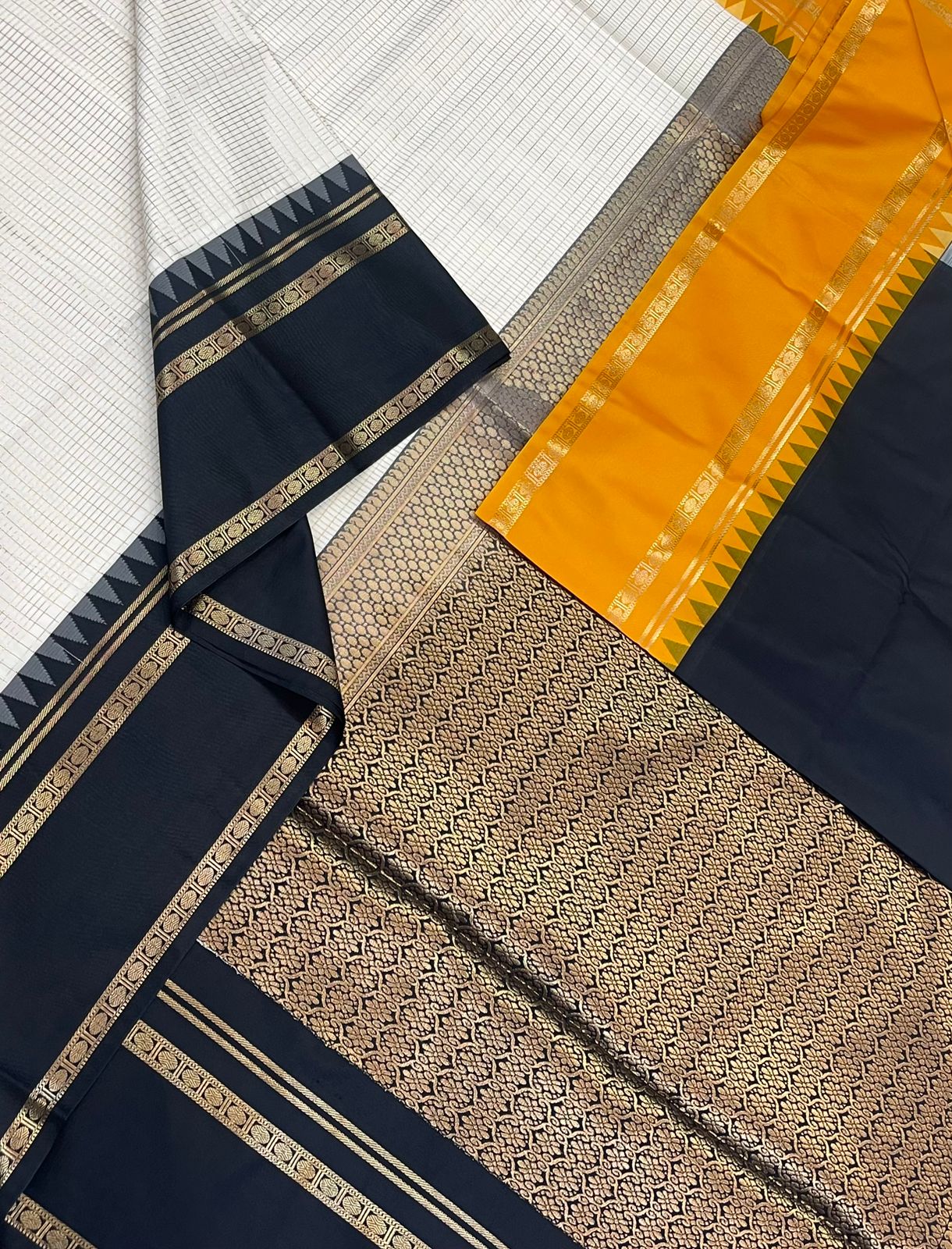 Vegan Silk Sarees Online | manjal X black X pearl| kattam x rettaipet border