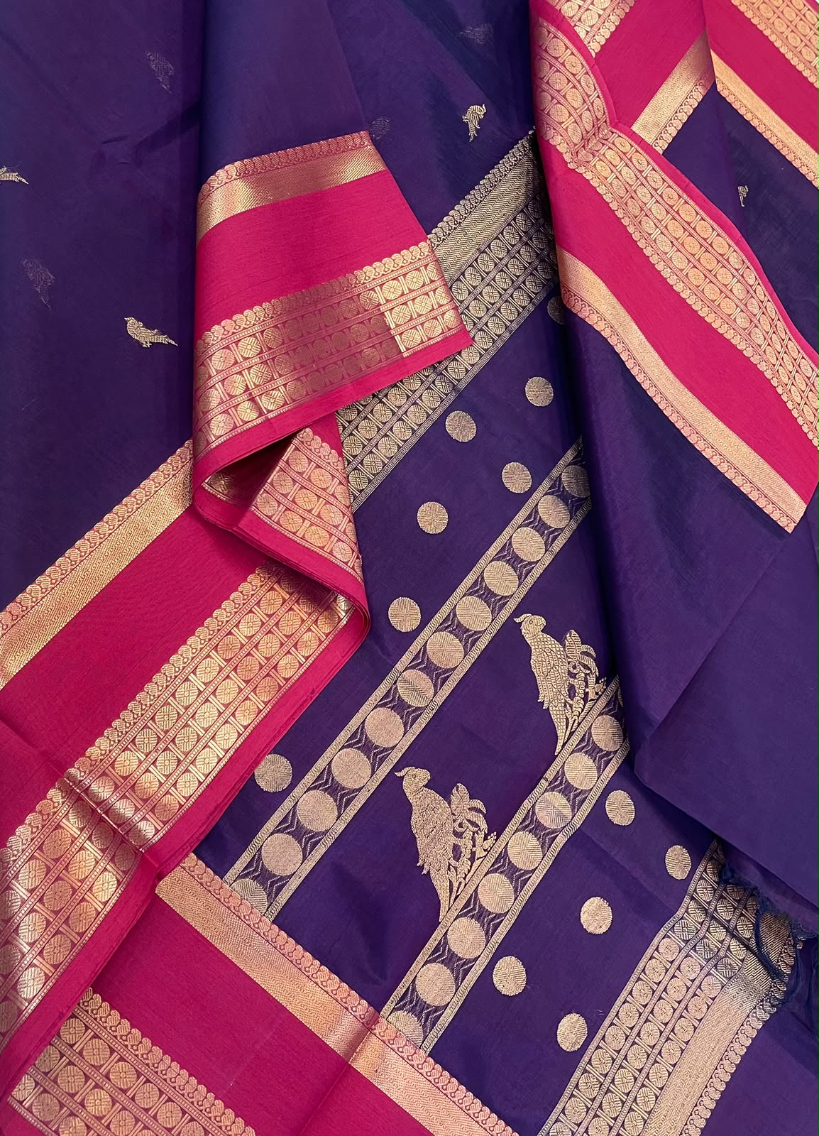 Kanchi Silk Cotton Sarees | killi motif X zari | violet x pink