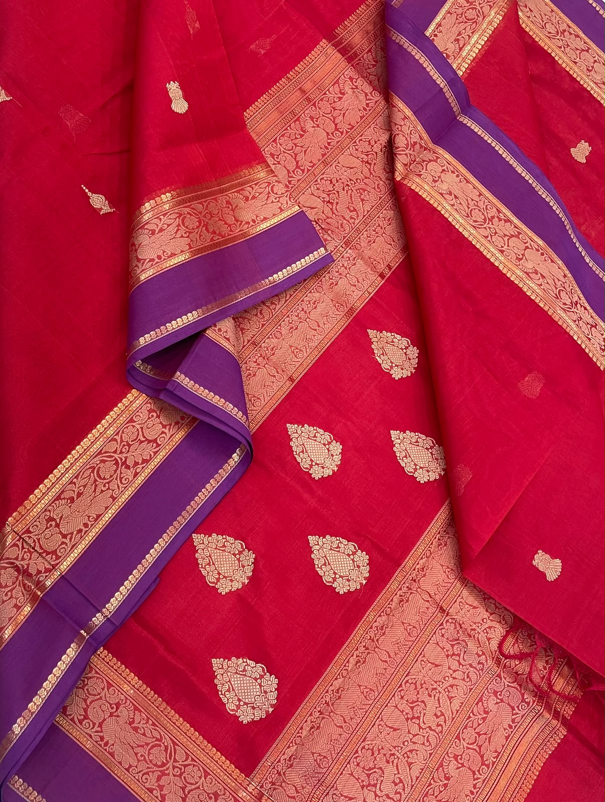 Kanchi Silk Cotton Sarees | rettaipet thread woven border x thilagam pallu | red ♥️ x violet