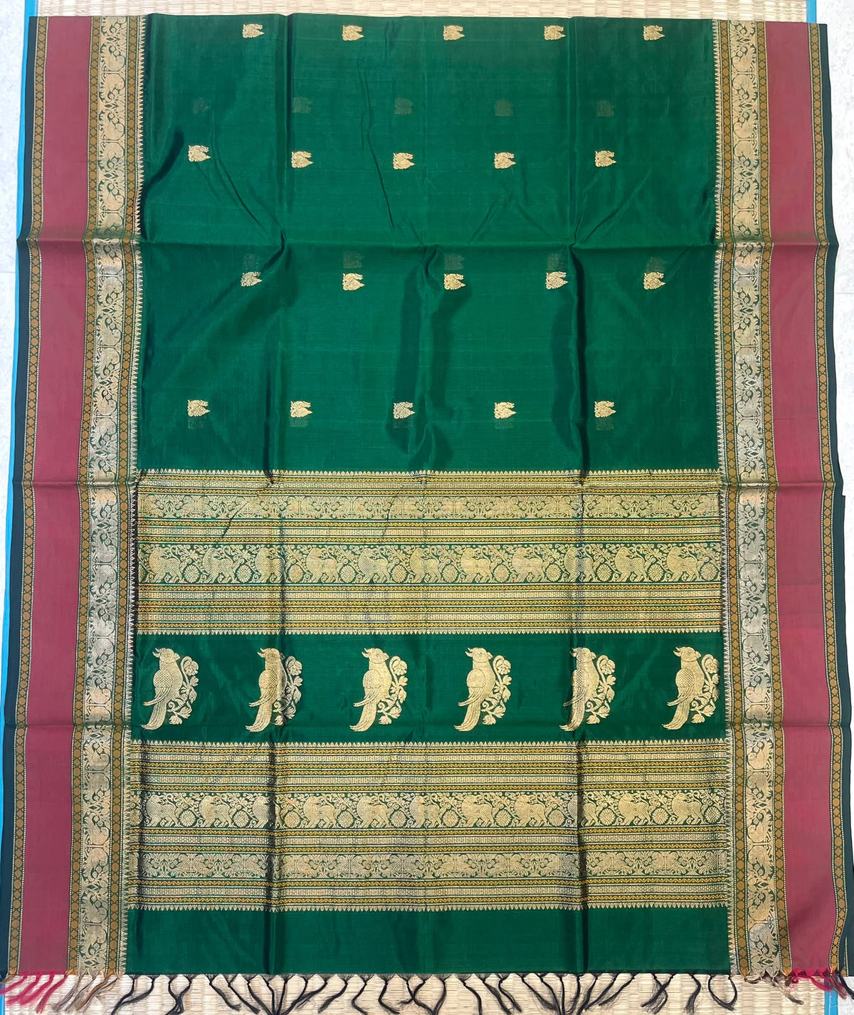 Kanchi Silk Cotton Sarees | zari mayil motif X rich zari killi pallu X zari rettaipet border | bottle green x pink