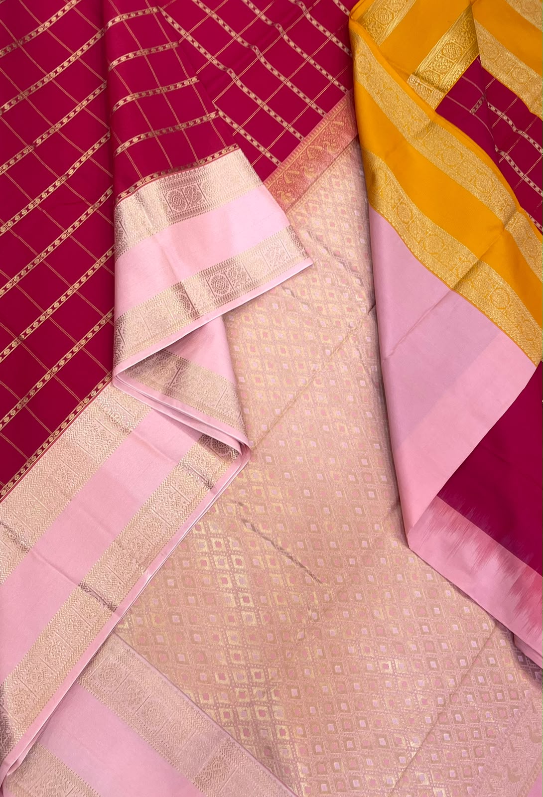 Vegan Silk Sarees Online | red x pink x manjal| zari kattam butta x ganga jamuna