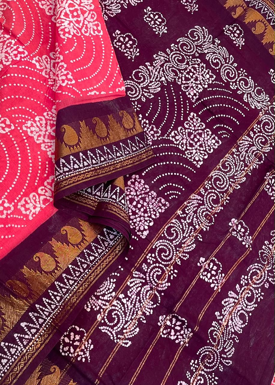 Madurai Sungudi soft cotton | pink x marron | tiny Zari border