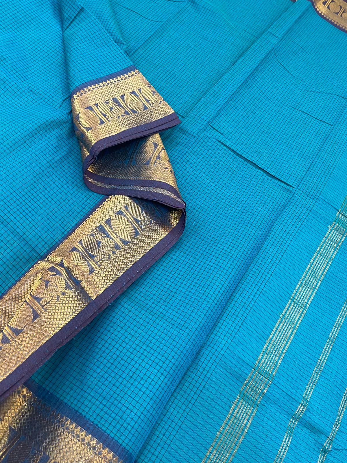 Kanchi soft cotton |zari border X kattam| blue x dark blue