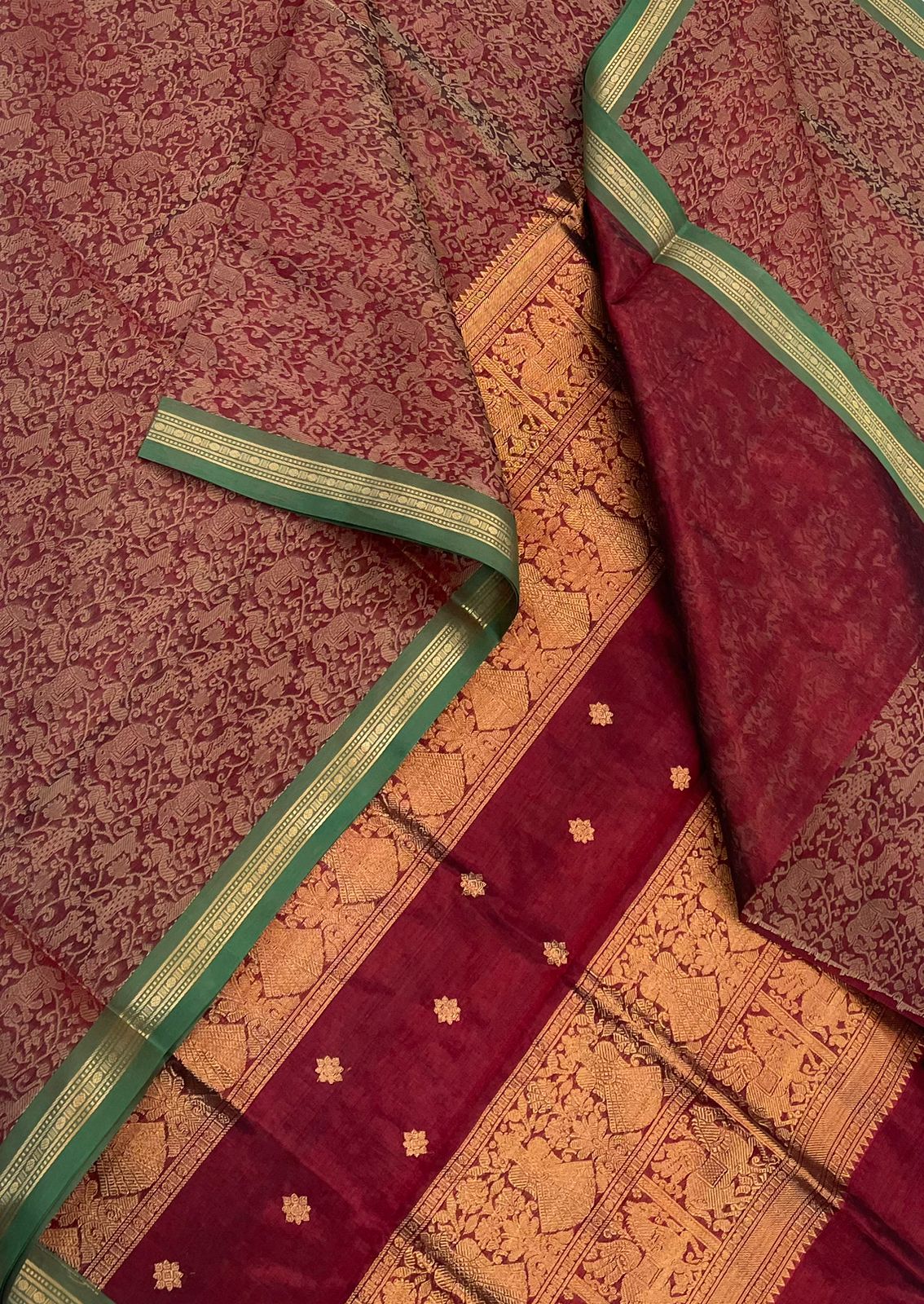 Kanchi Silk Cotton Sarees | tiny zari border x vanasingaram | marron X green