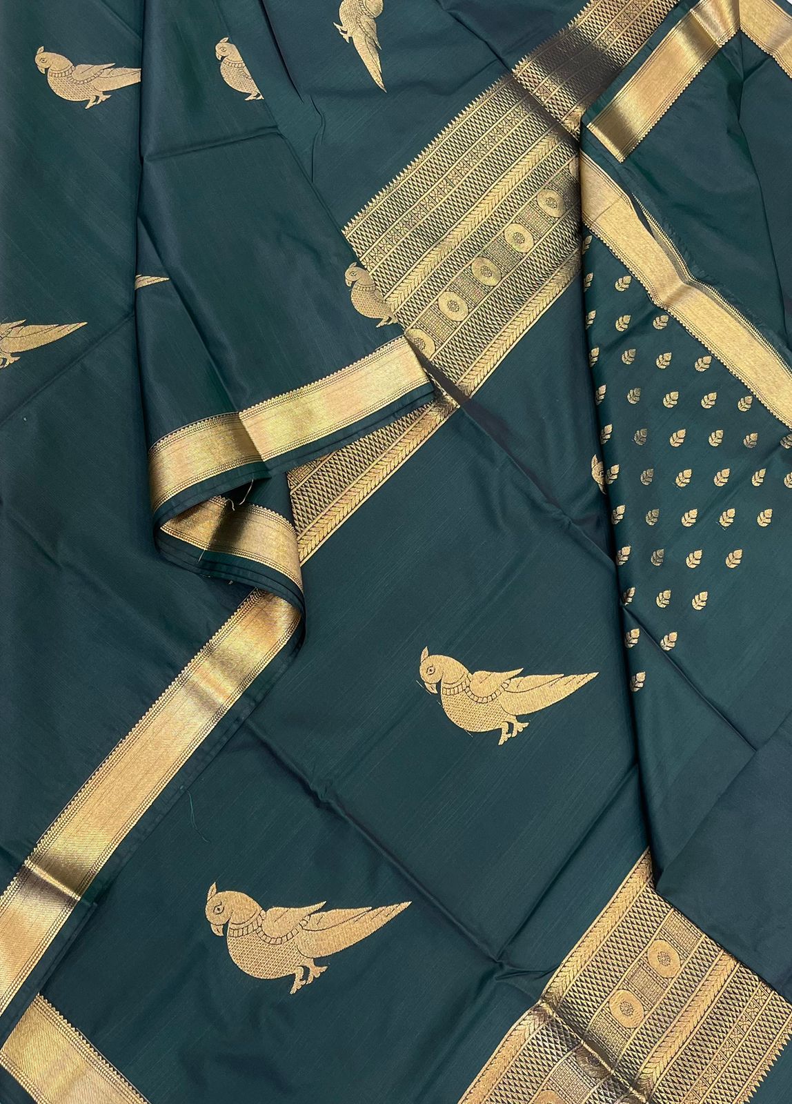 Vegan Silk Sarees Online | bottle green X gold | killi motif