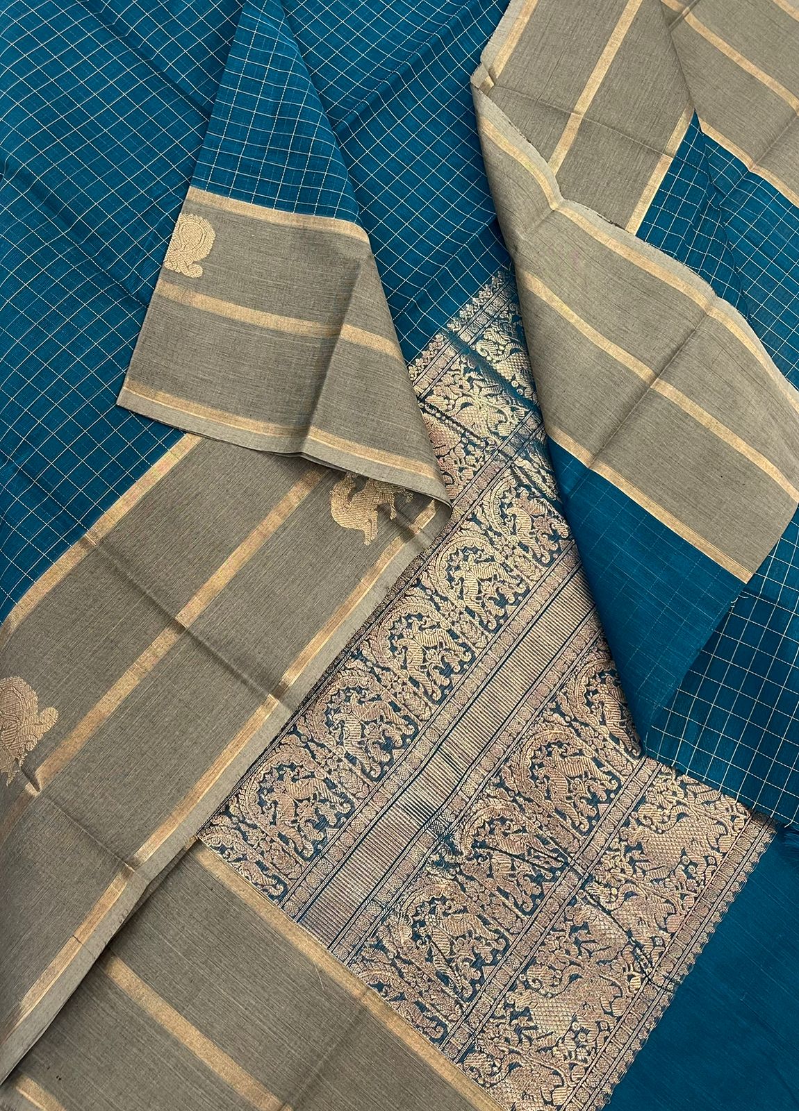 Pure Handloom Kanchi rich Cotton Saree | cyan blue X grey | zari border xthread kattam