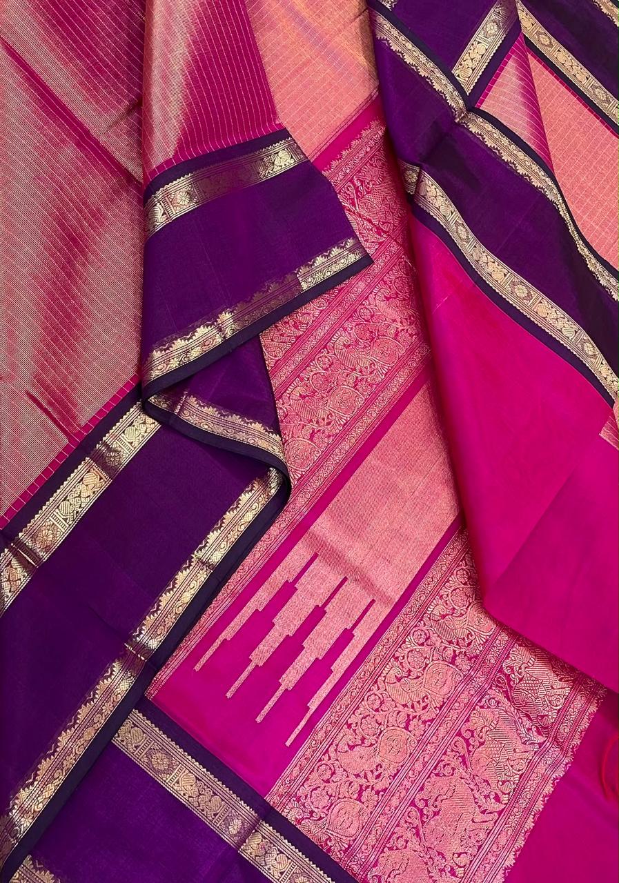 Kanchi tissue Silk Cotton Sarees | rettaipet zari woven border x tissue body | dark pink X violet